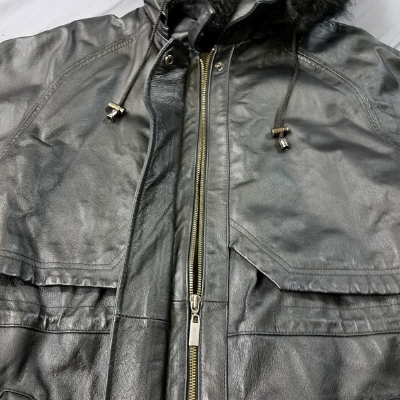 Coft & Barrow black leather winter jacket with removable faux fur trimmed hood. - Picture 7 of 13